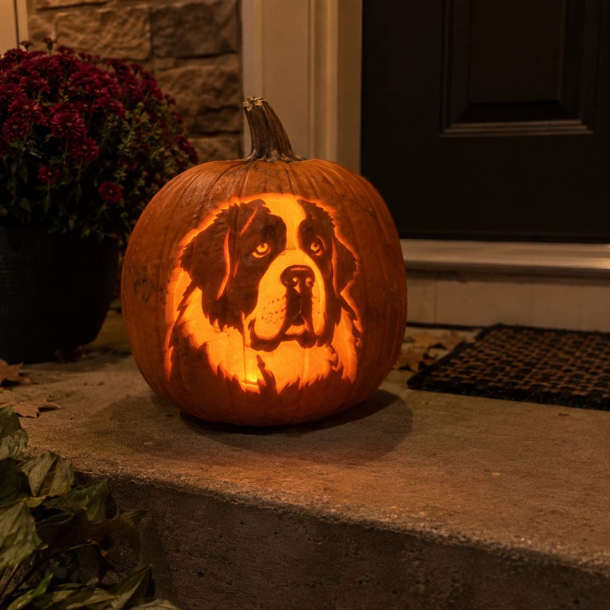Saint Bernard Dog Portrait Carved Pumpkin Front Porch