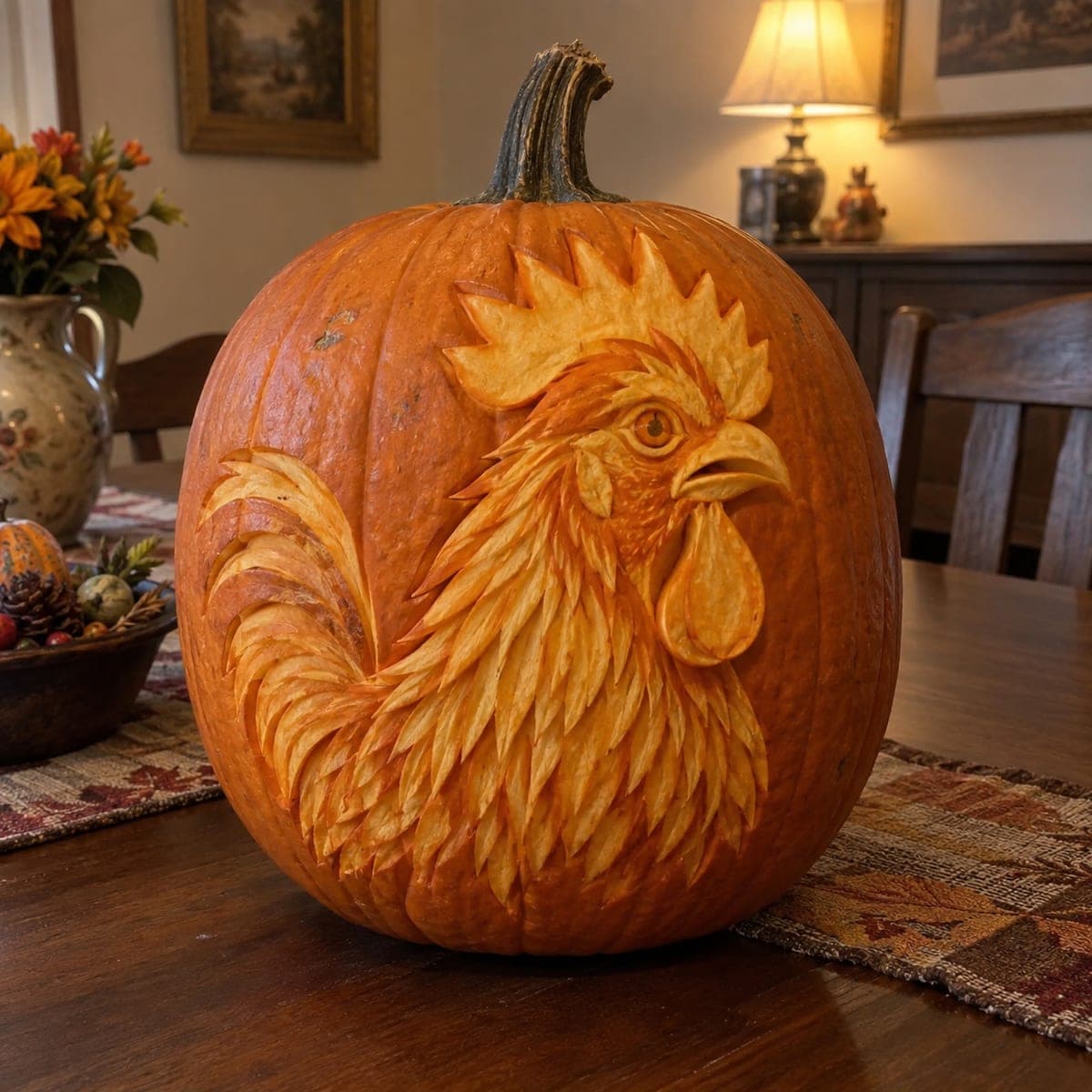 Rooster Portrait with Feather Detail Carved Pumpkin
