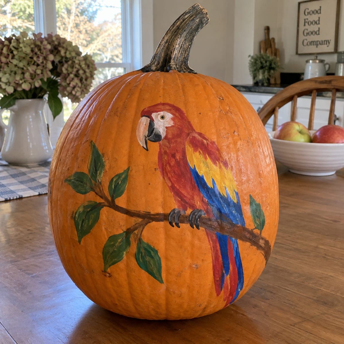 Scarlet Macaw on Branch Painted No-Carve Pumpkin