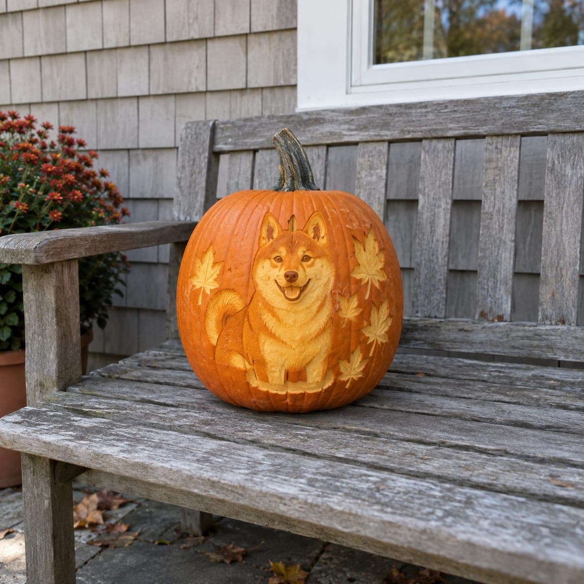 Shiba Inu Dog with Fall Maple Leaves Carved Pumpkin