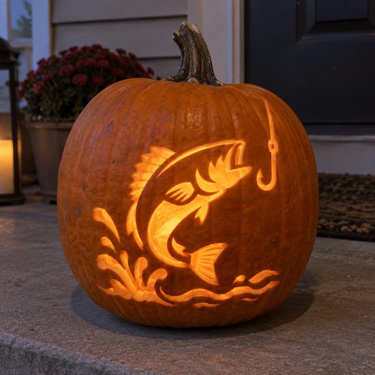 Bass Fish Jumping with Hook Carved Pumpkin