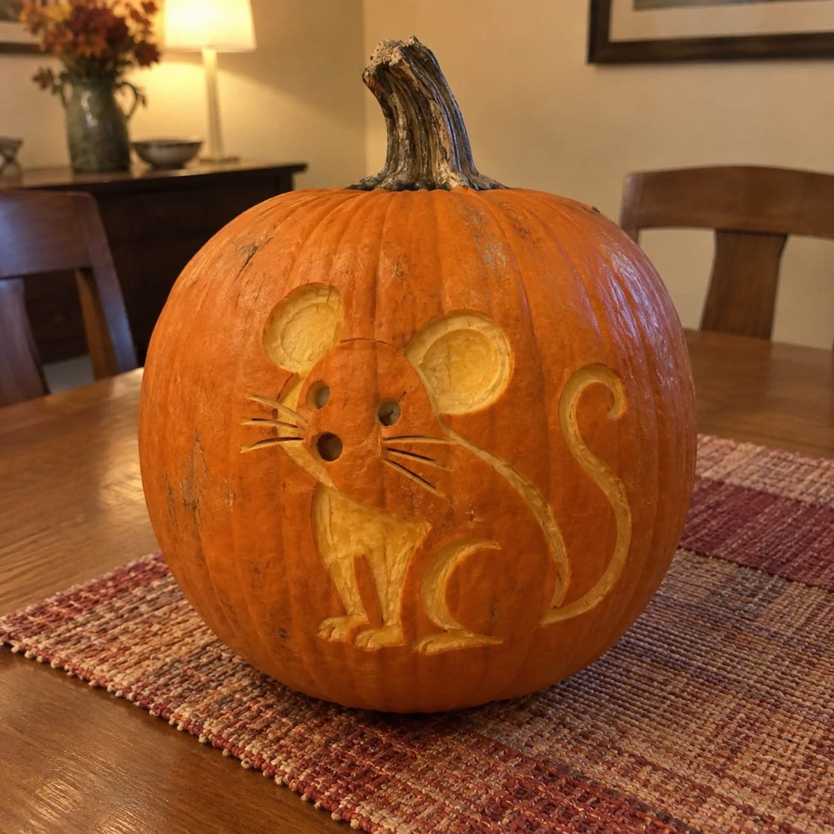 Cartoon Mouse Face Carved Pumpkin with Round Ears
