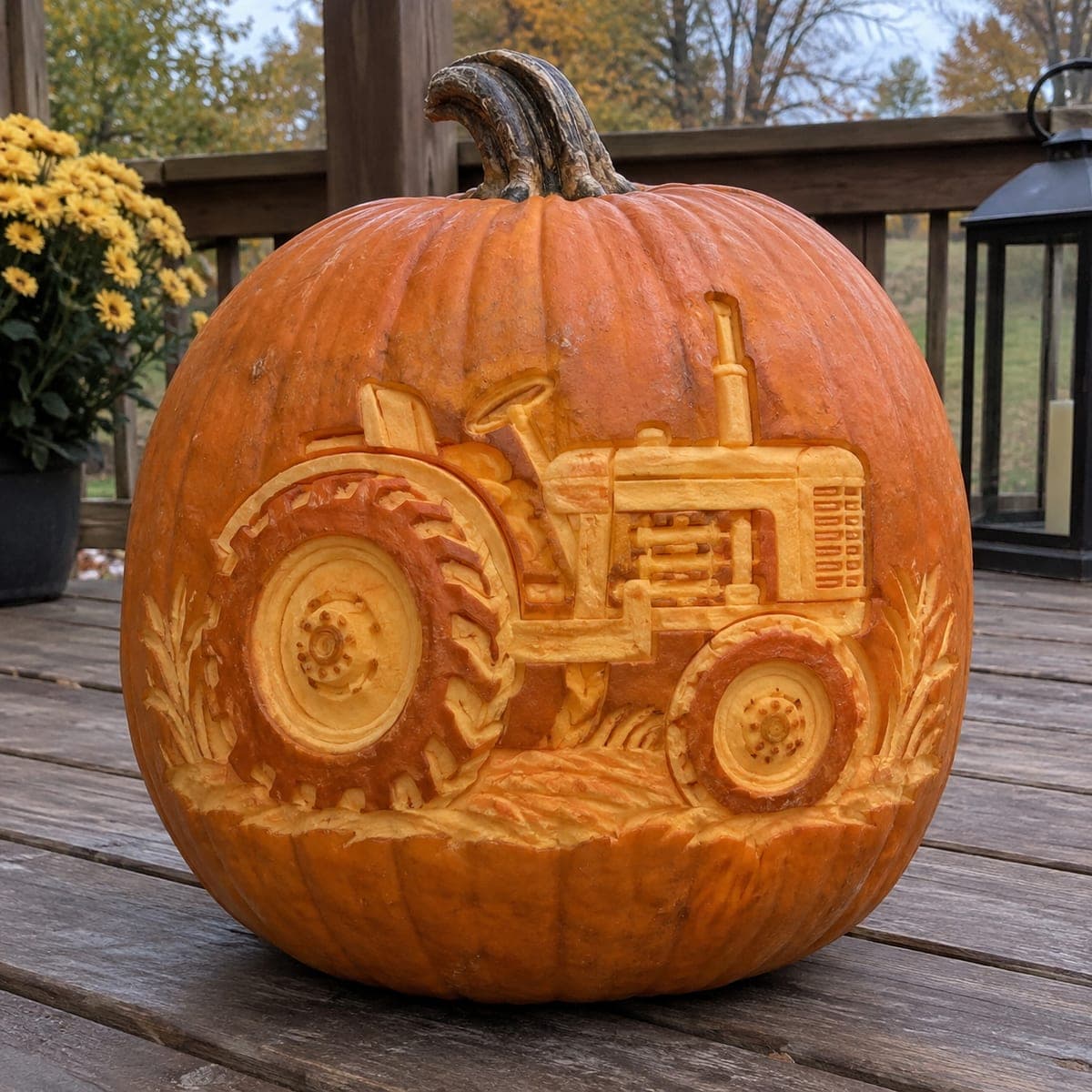 Vintage Farm Tractor Shading Pumpkin
