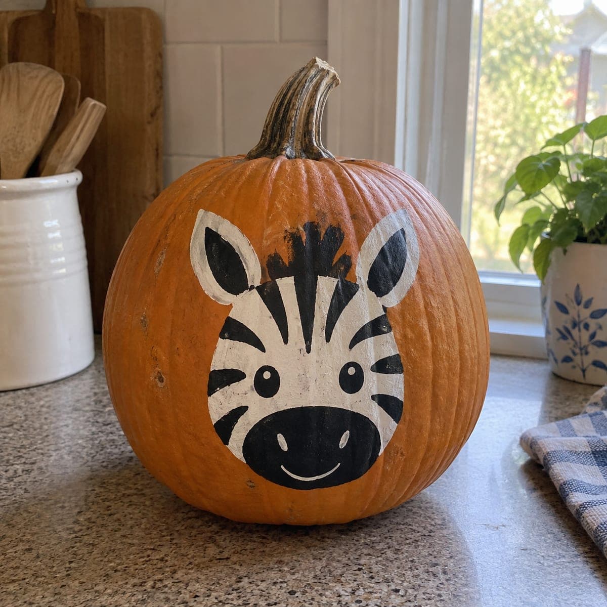 Cute Painted Zebra Face No-Carve Pumpkin