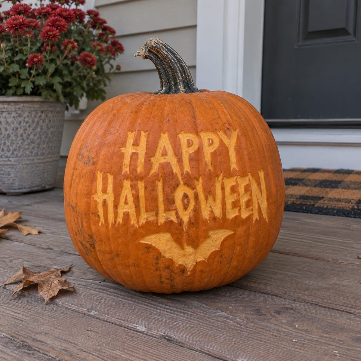 Happy Halloween Bat Etched Porch Pumpkin