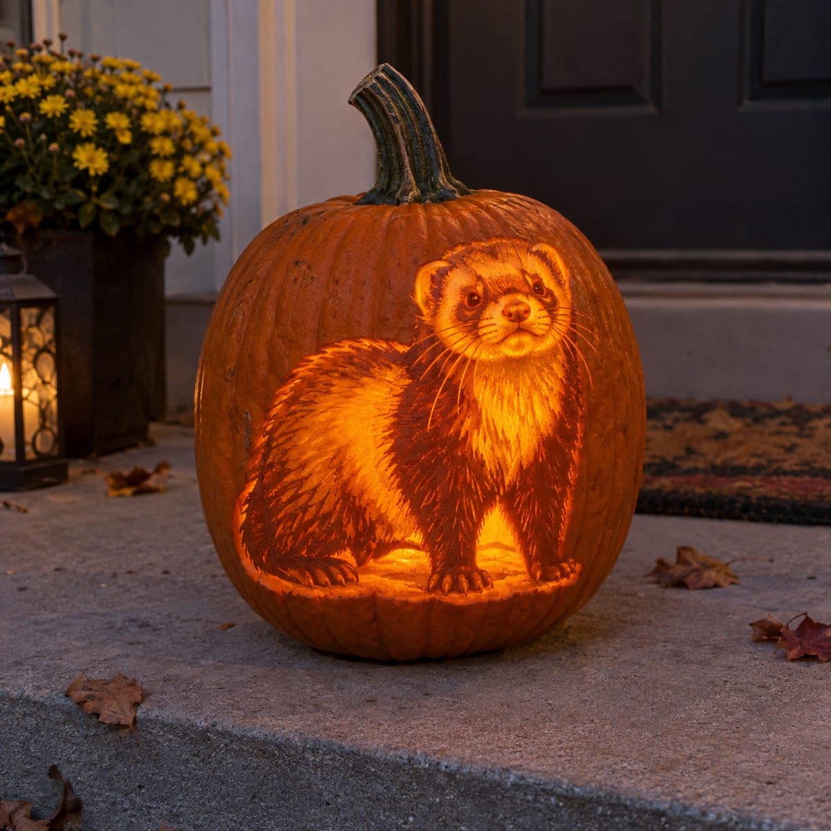 Ferret Portrait Shaded Pumpkin on the Porch