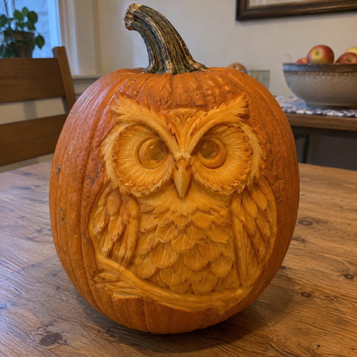 Wide-Eyed Owl Relief Carved Pumpkin
