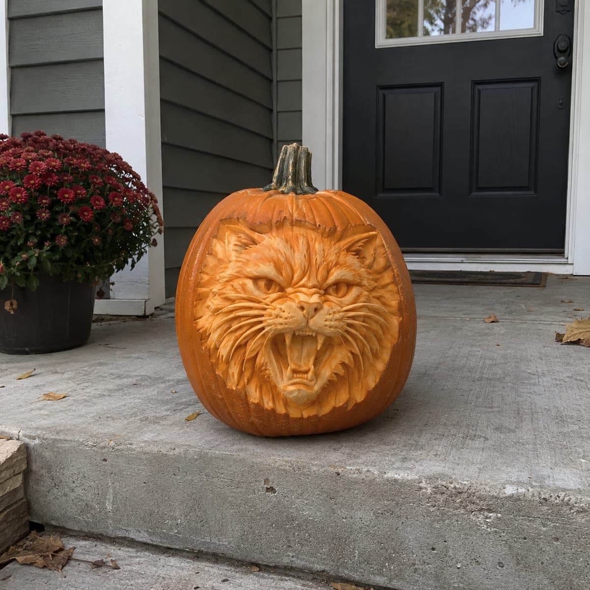 Snarling Wildcat Face Shaded Pumpkin