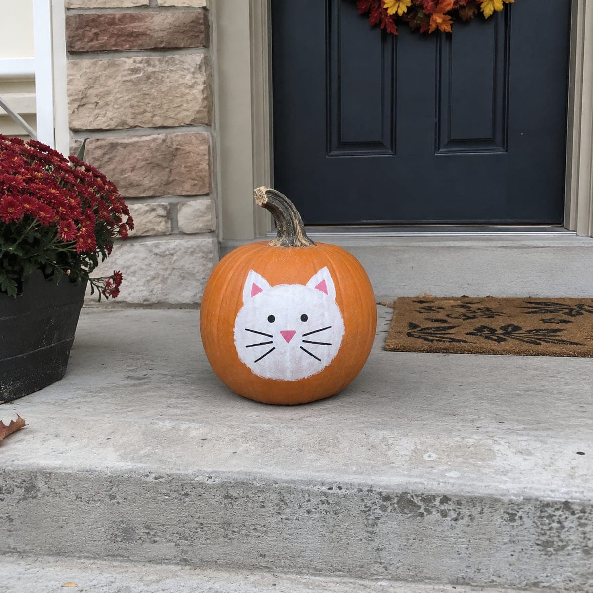 Cute White Cat Face Painted No-Carve Pumpkin