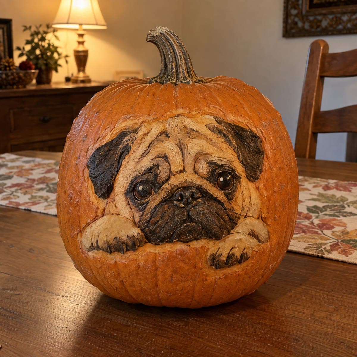 Painted Pug Face Peeking No-Carve Pumpkin