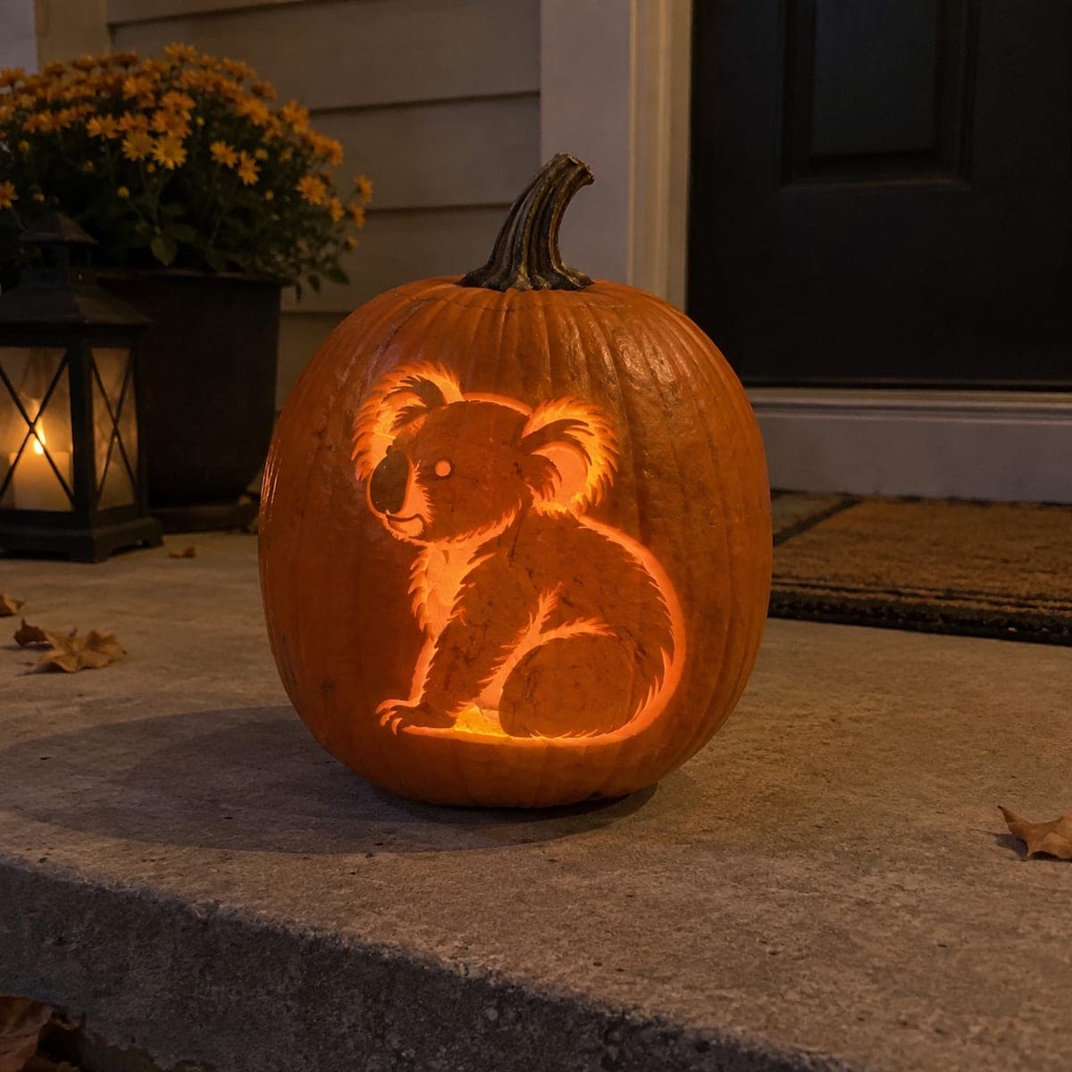 Koala Shading Pumpkin Carving on a Porch