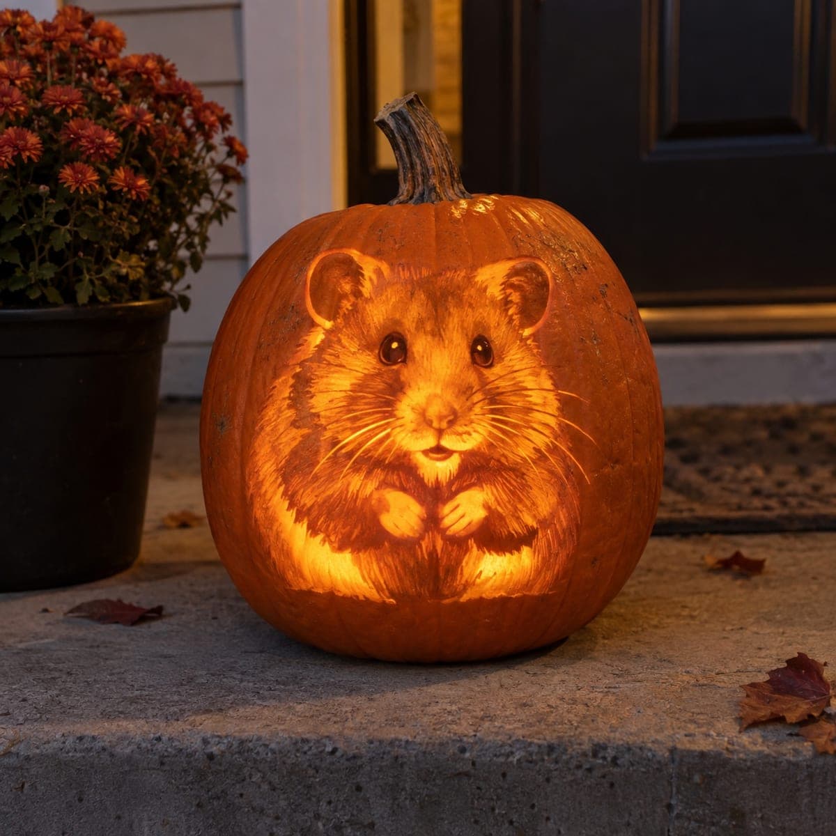 Cute Hamster Portrait Etched Pumpkin Carving