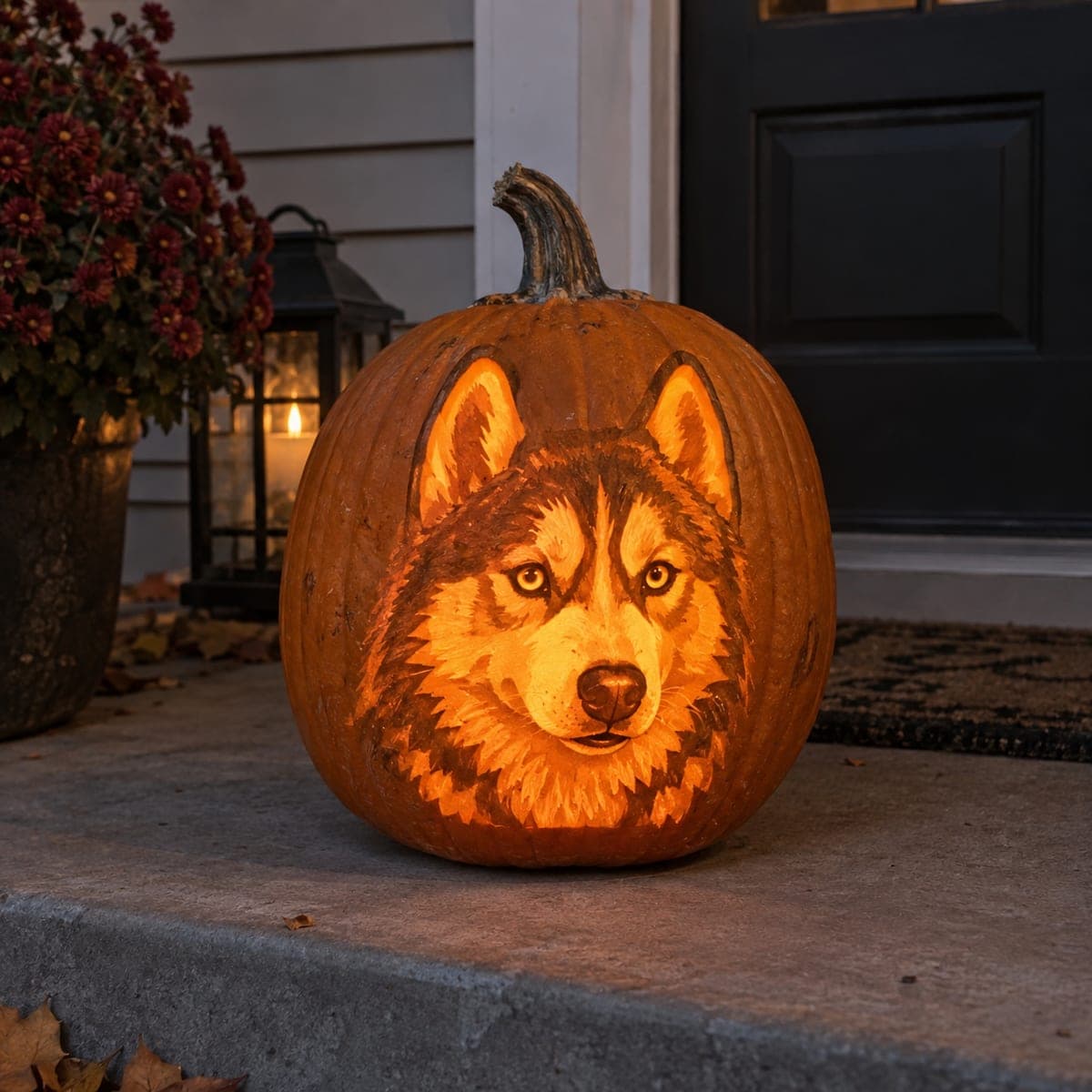 Husky Portrait Shaded Pumpkin on Front Steps