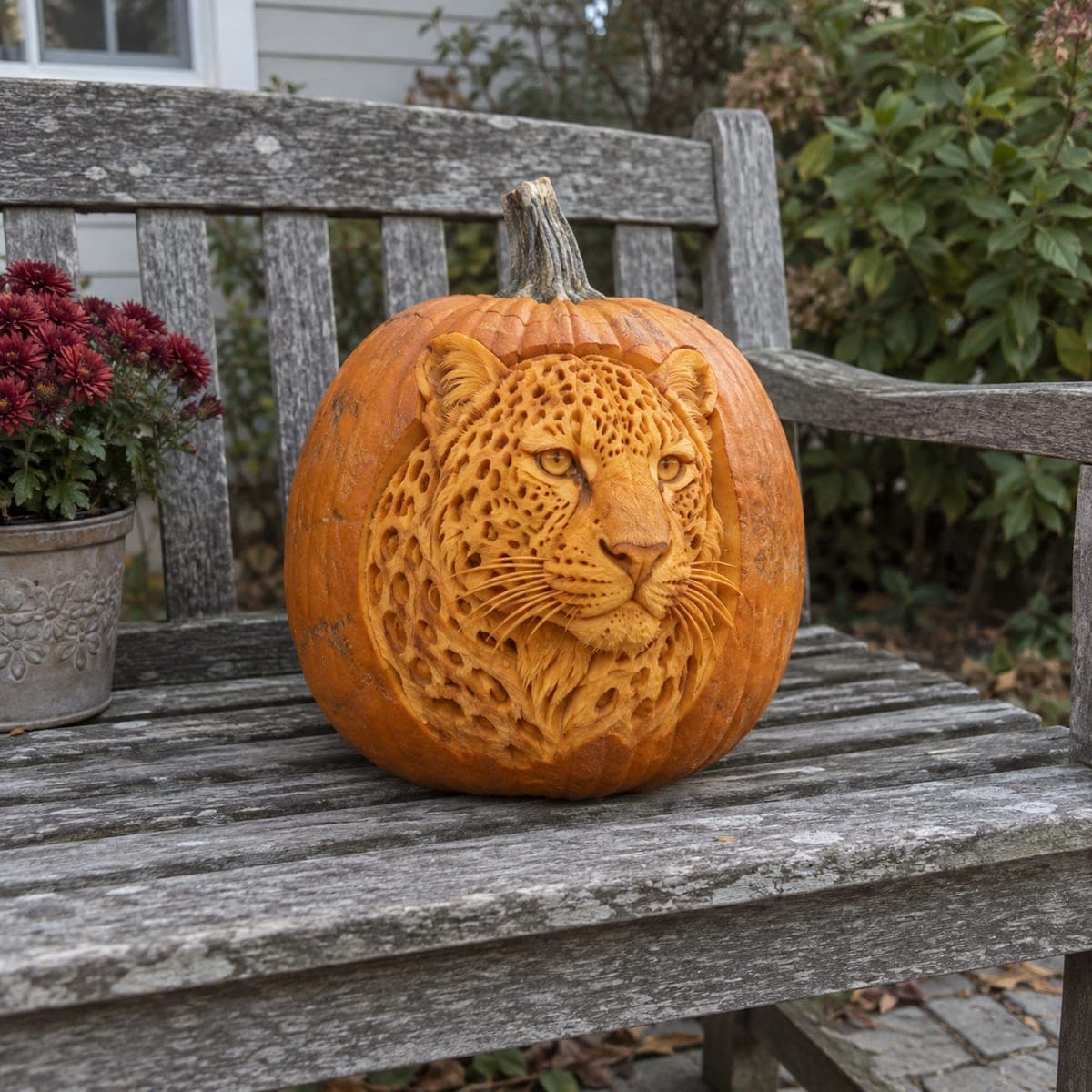 Leopard Face Relief Carved Pumpkin on Garden Bench