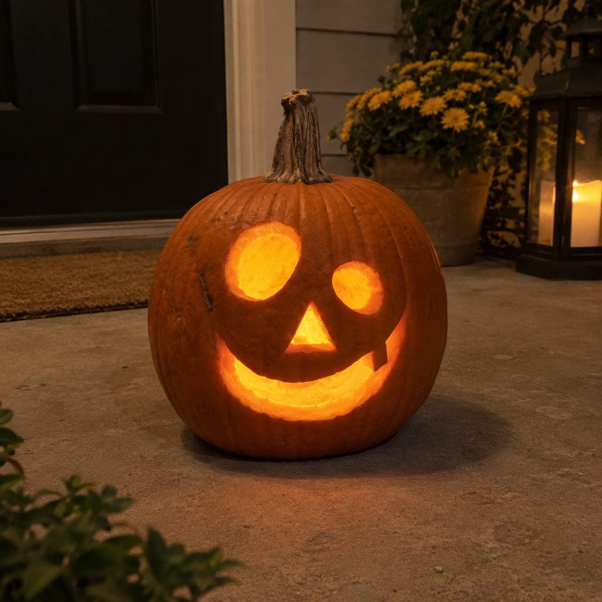 Friendly Glowing Classic Jack-O-Lantern Front Porch