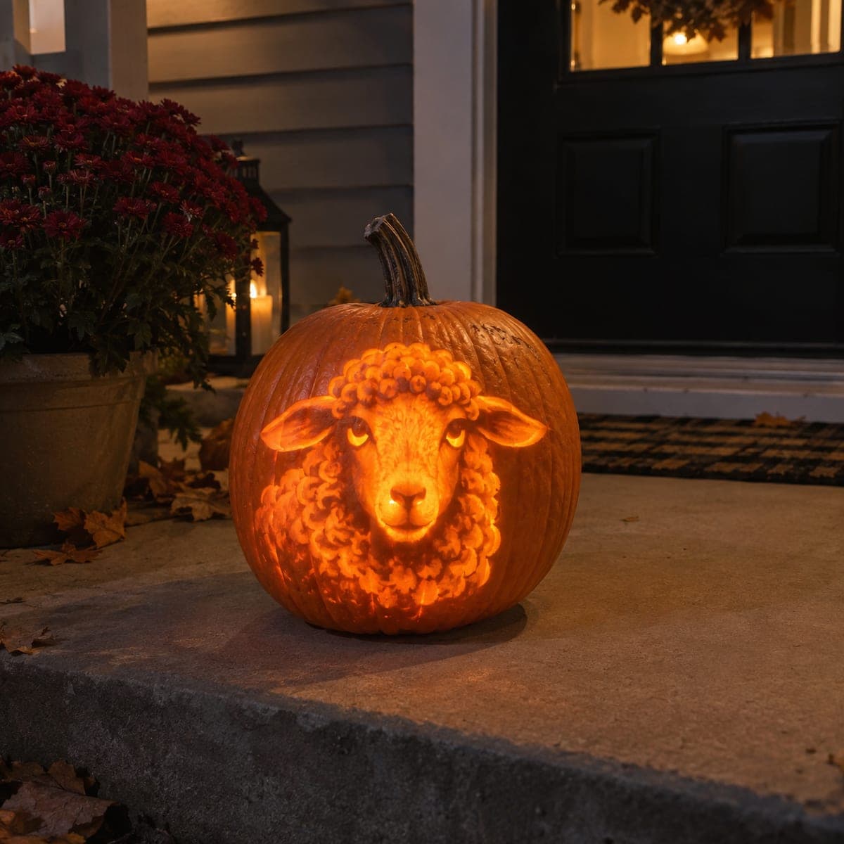 Fluffy Sheep Face Carved Glowing Pumpkin