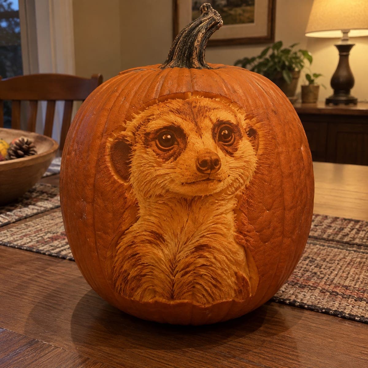 Meerkat Portrait Relief Carved Pumpkin Centerpiece