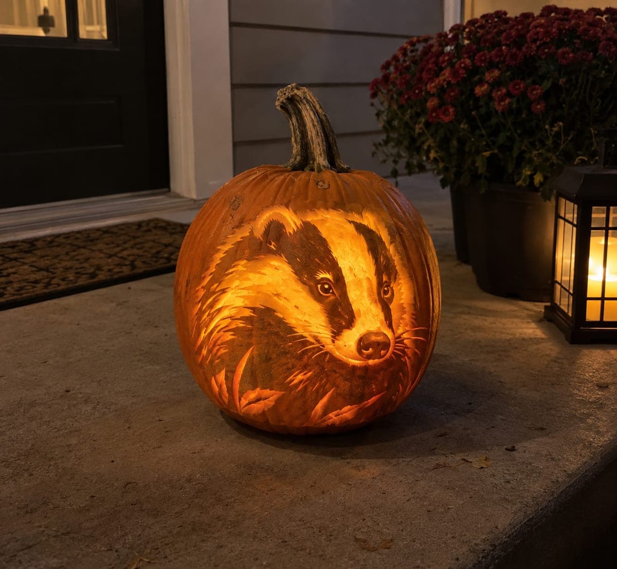 Badger Portrait Etched Pumpkin Carving at Night