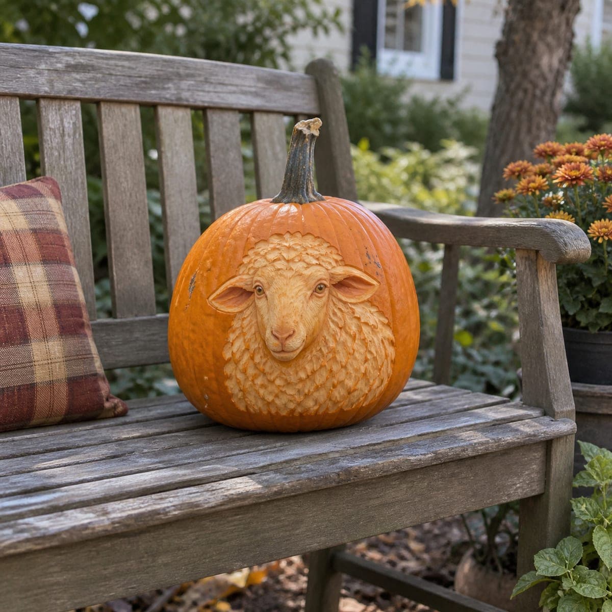 Sheep Portrait Dimensional Relief Carved Pumpkin