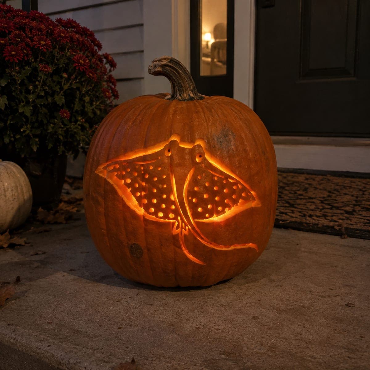 Spotted Stingray Cutout Pumpkin Carving at Night