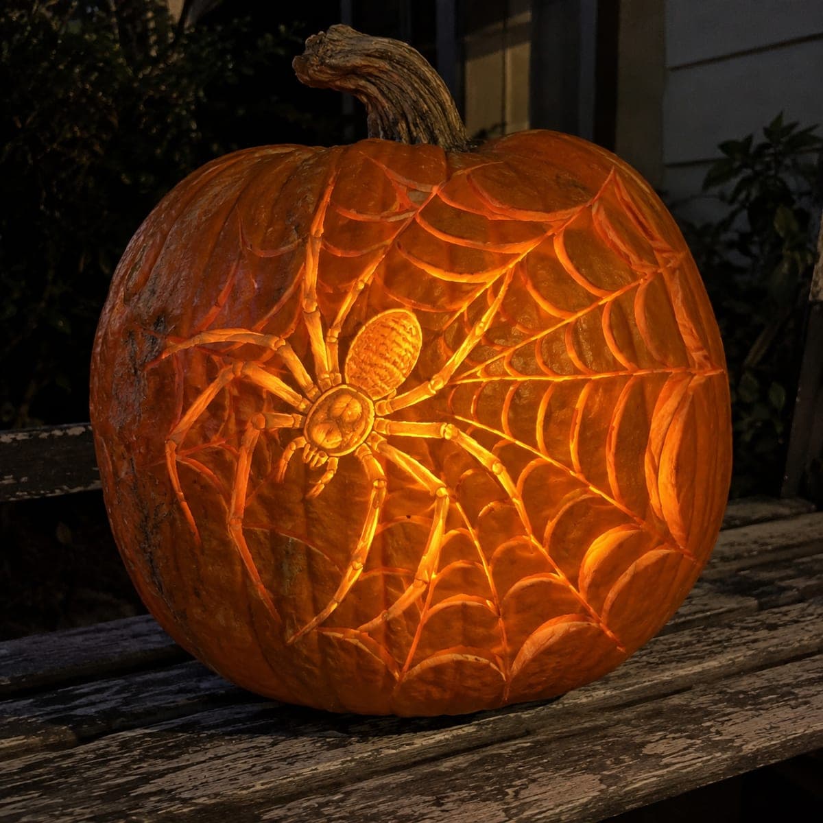 Spider on Web Shaded Pumpkin Carving at Night