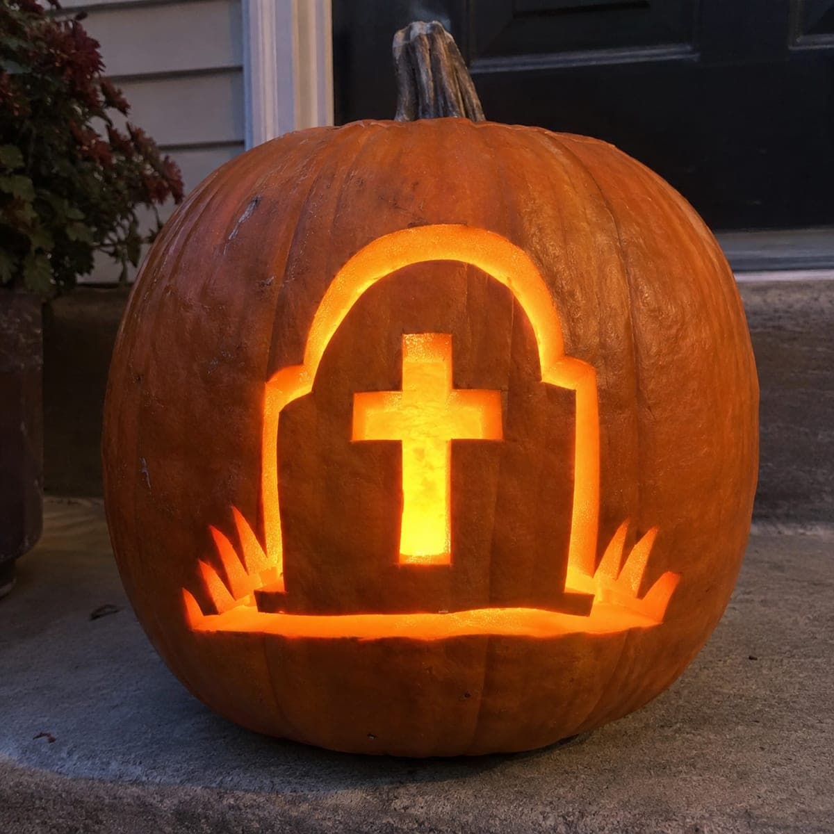 Tombstone with Cross Cutout Jack-O-Lantern Design