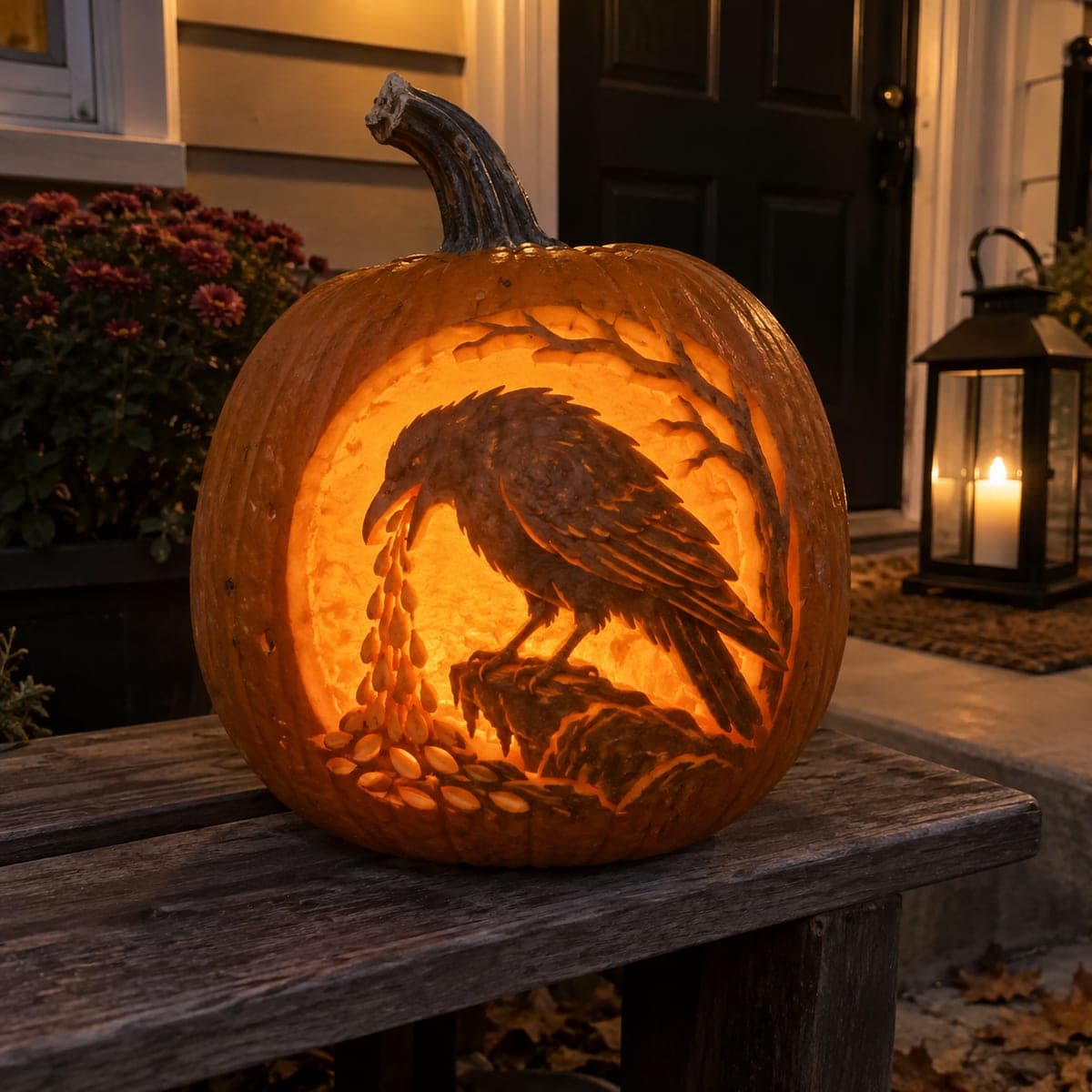 Raven on Branch Shaded Pumpkin Carving at Night