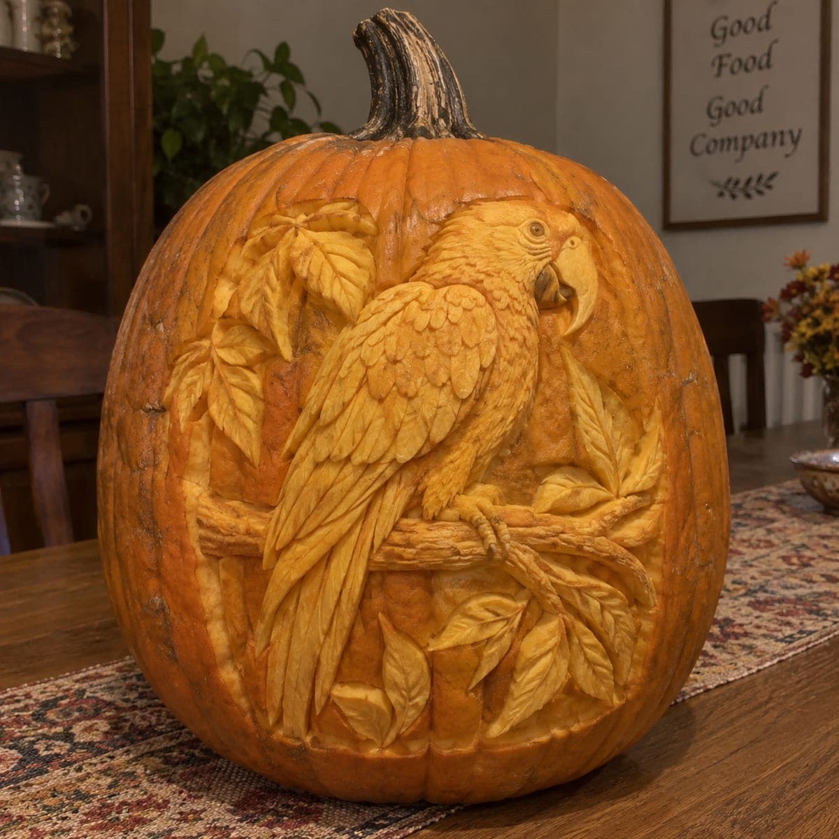 Macaw Parrot Relief Carved Pumpkin with Tropical Leaves