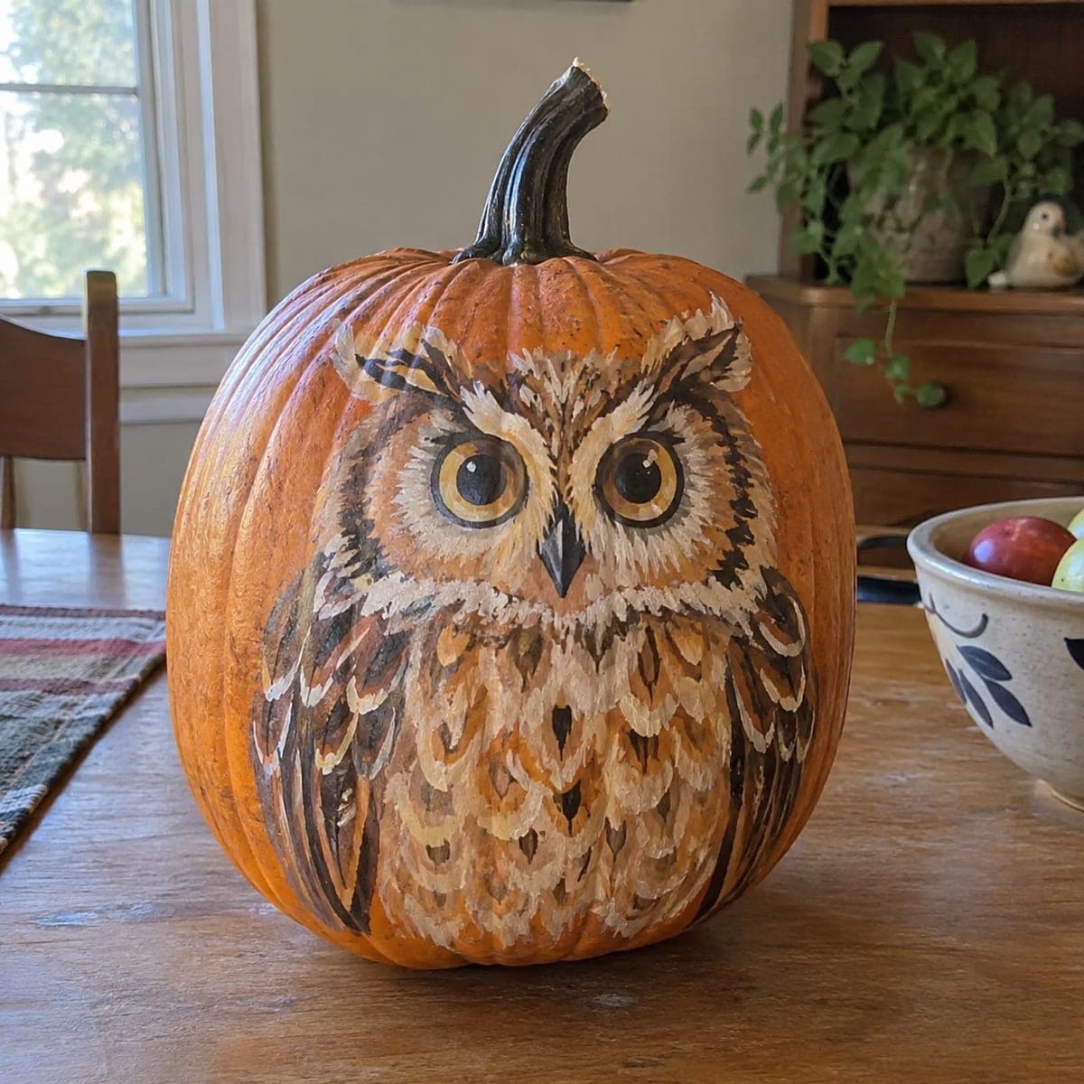 Painted Owl Portrait No-Carve Pumpkin