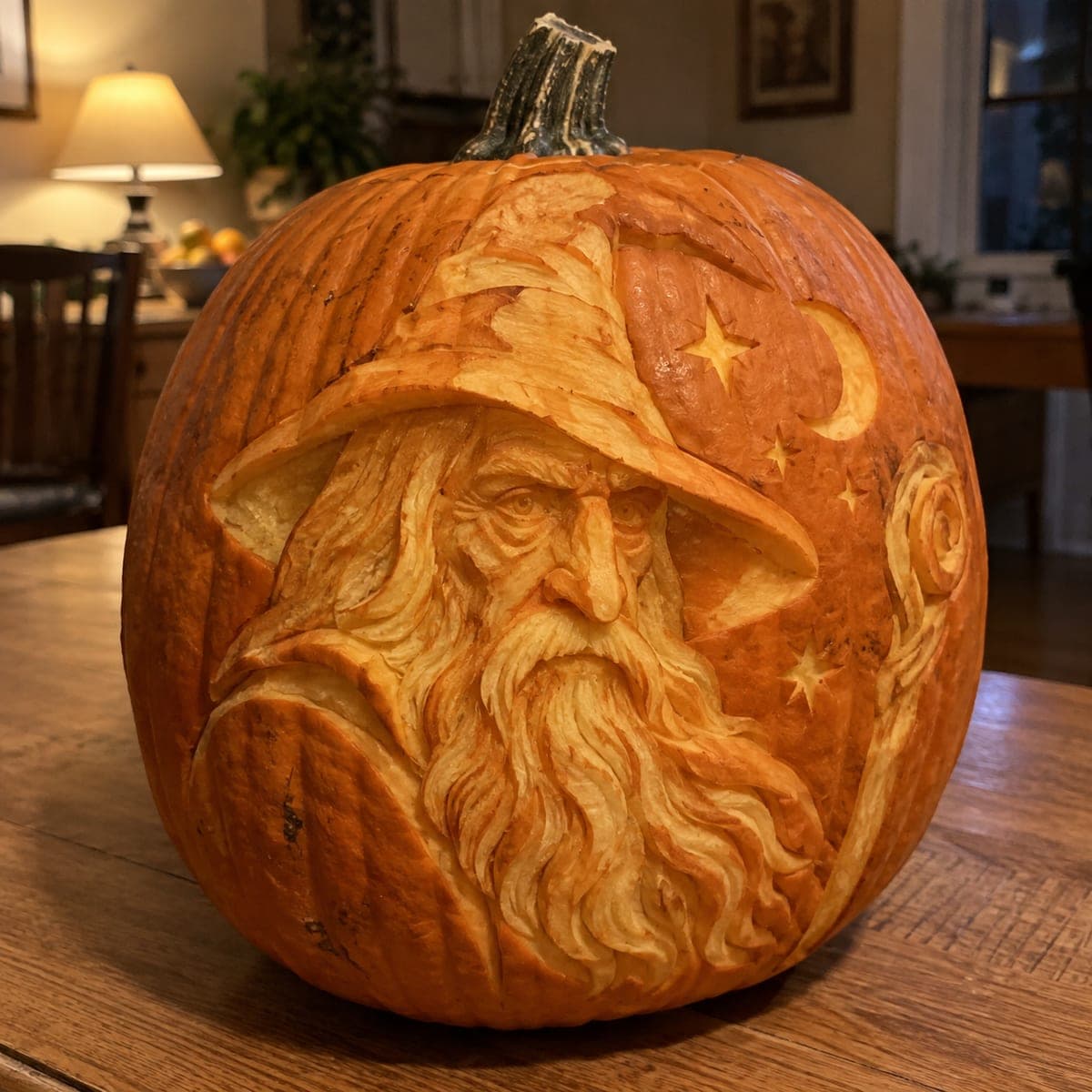 Bearded Wizard With Stars and Moon Carved Pumpkin