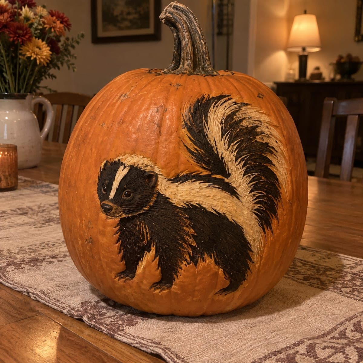 Skunk With Striped Tail Painted Pumpkin