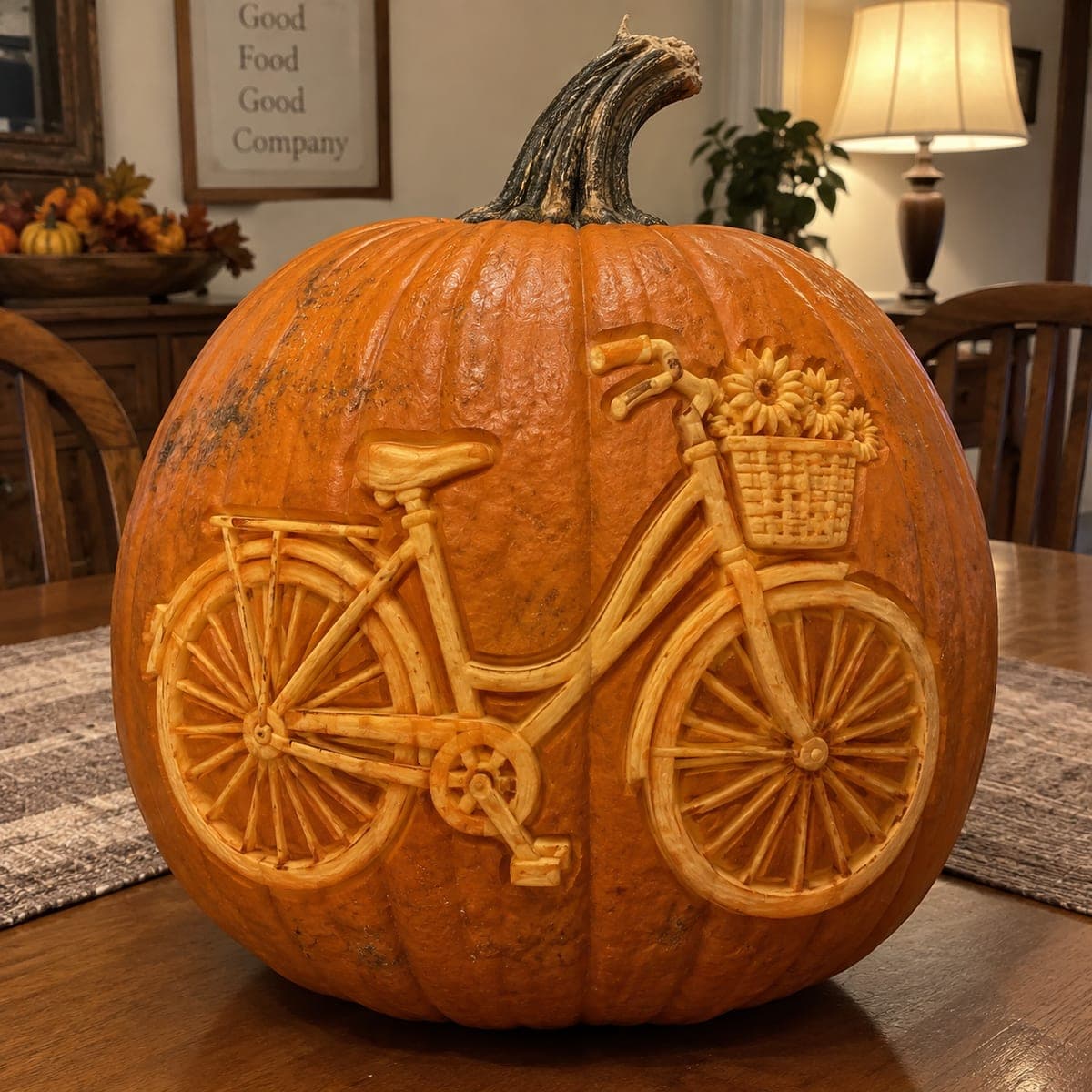 Vintage Bicycle With Flower Basket Carved Pumpkin