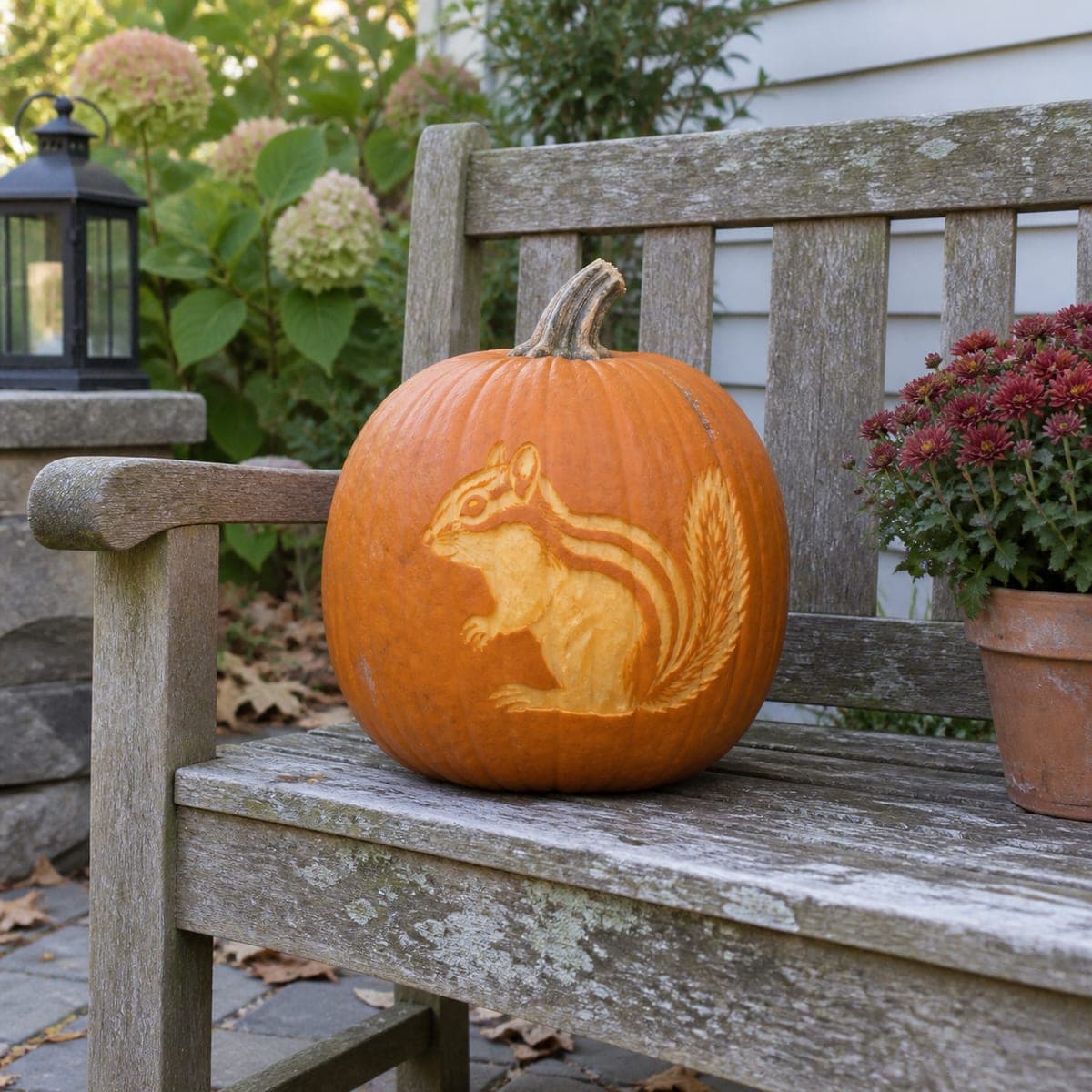 Chipmunk Etched Autumn Pumpkin for the Garden