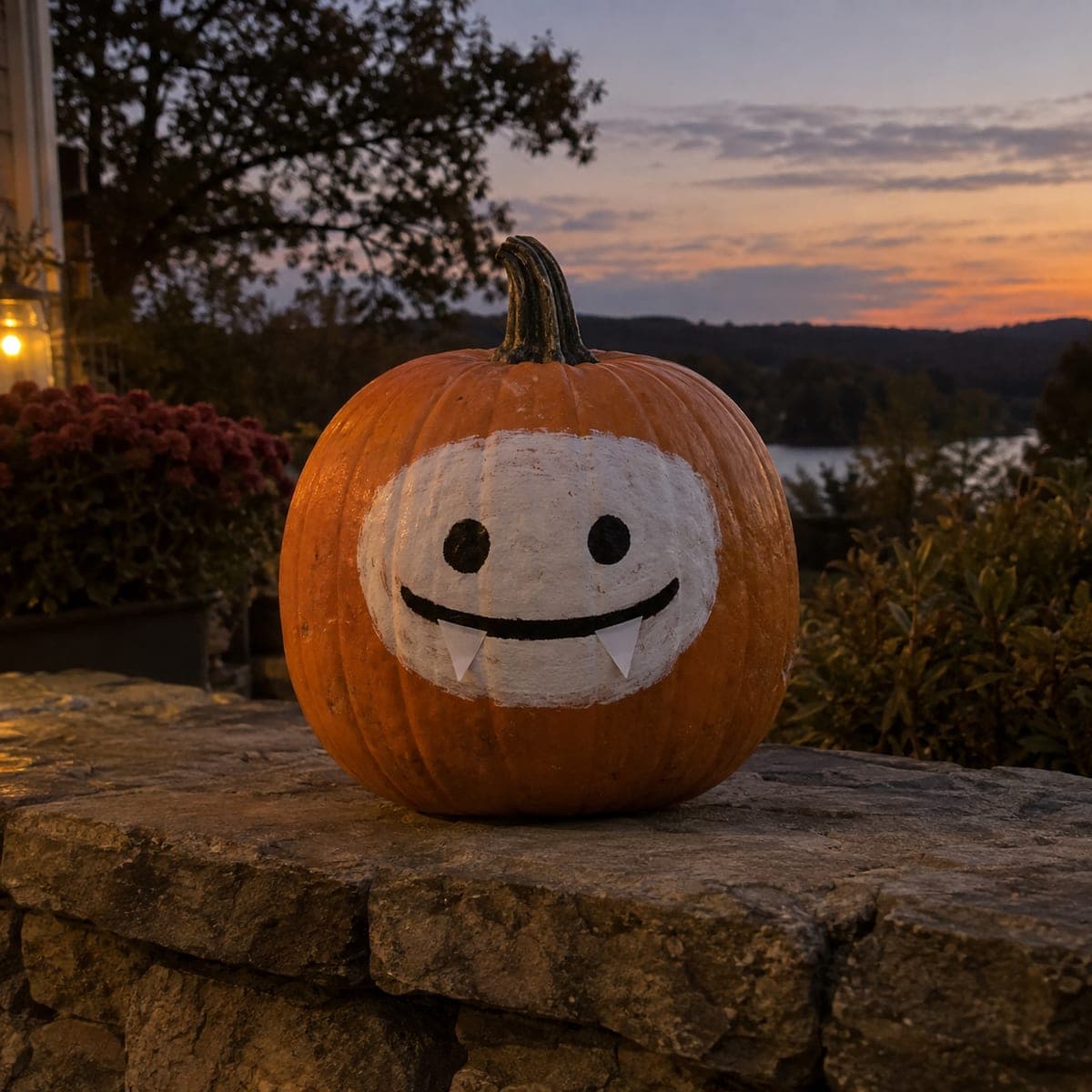 Mini Vampire Face Painted Pumpkin at Sunset