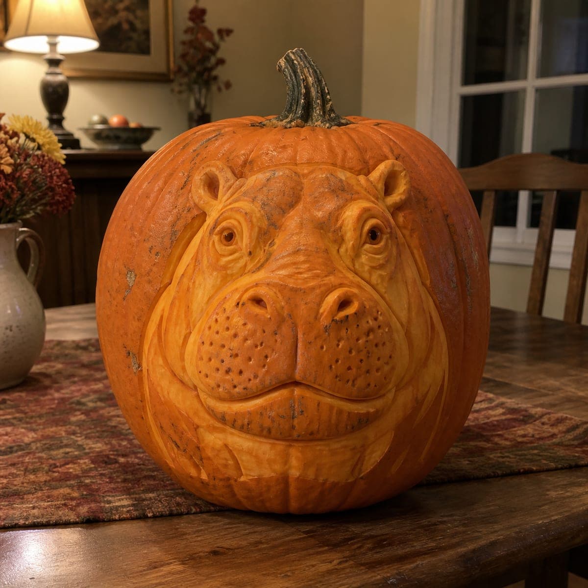 Hippo Face Close-Up Carved Pumpkin