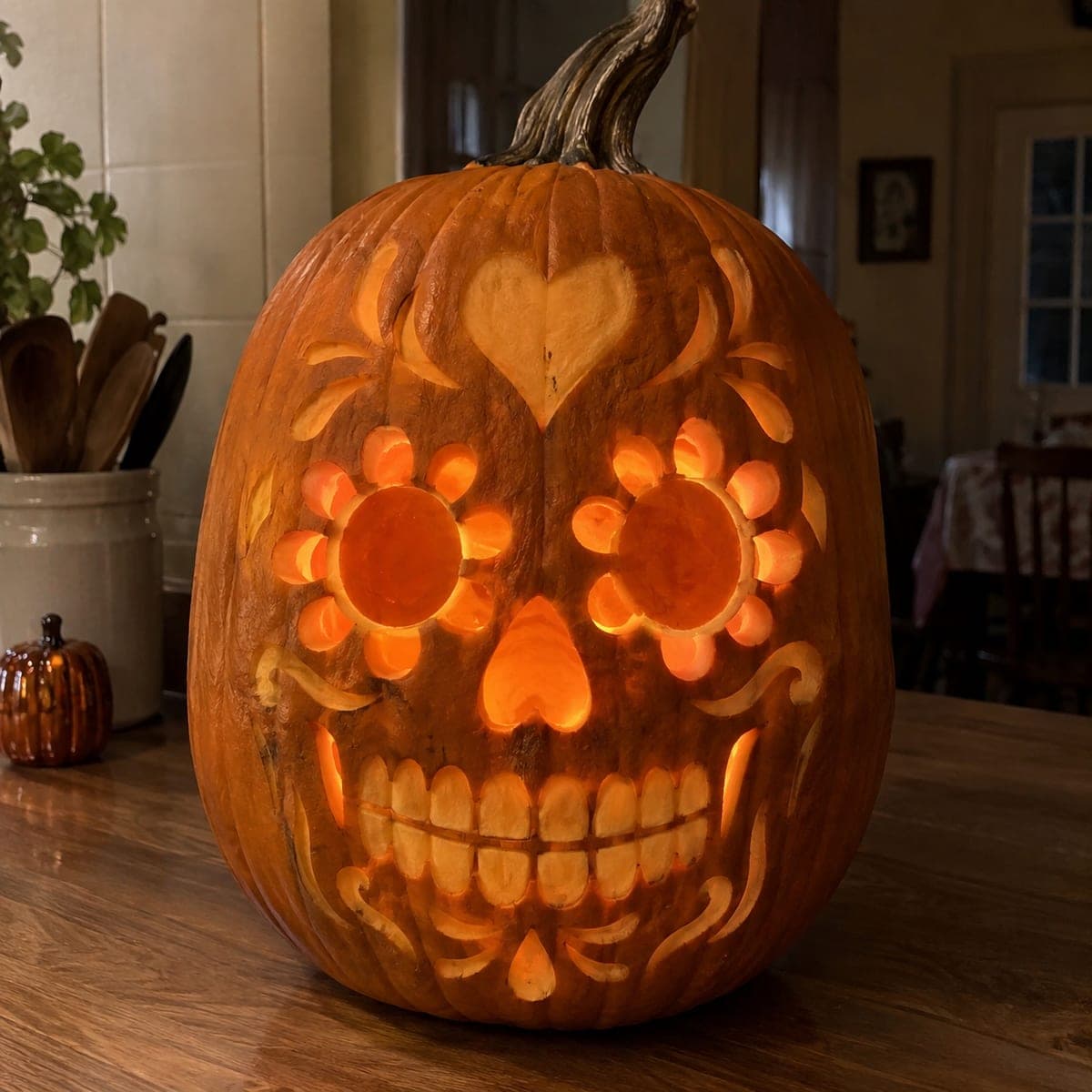 Sugar Skull Flower-Eye Cutout Jack-O-Lantern