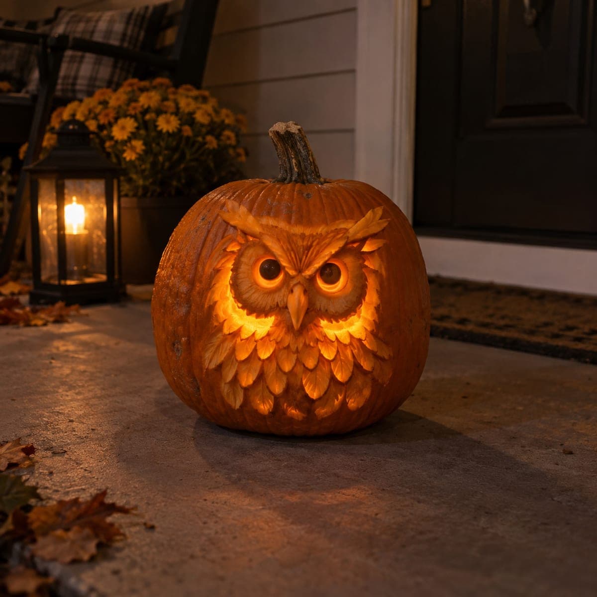 Owl Face Shaded Glowing Pumpkin on the Porch