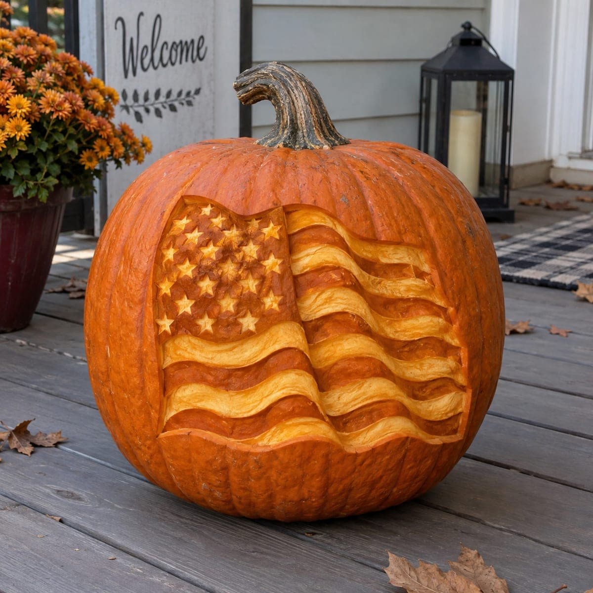 American Flag Waving Relief-Carved Pumpkin