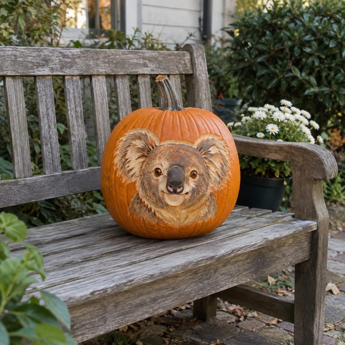 Painted Koala Bear Face Pumpkin on Garden Bench