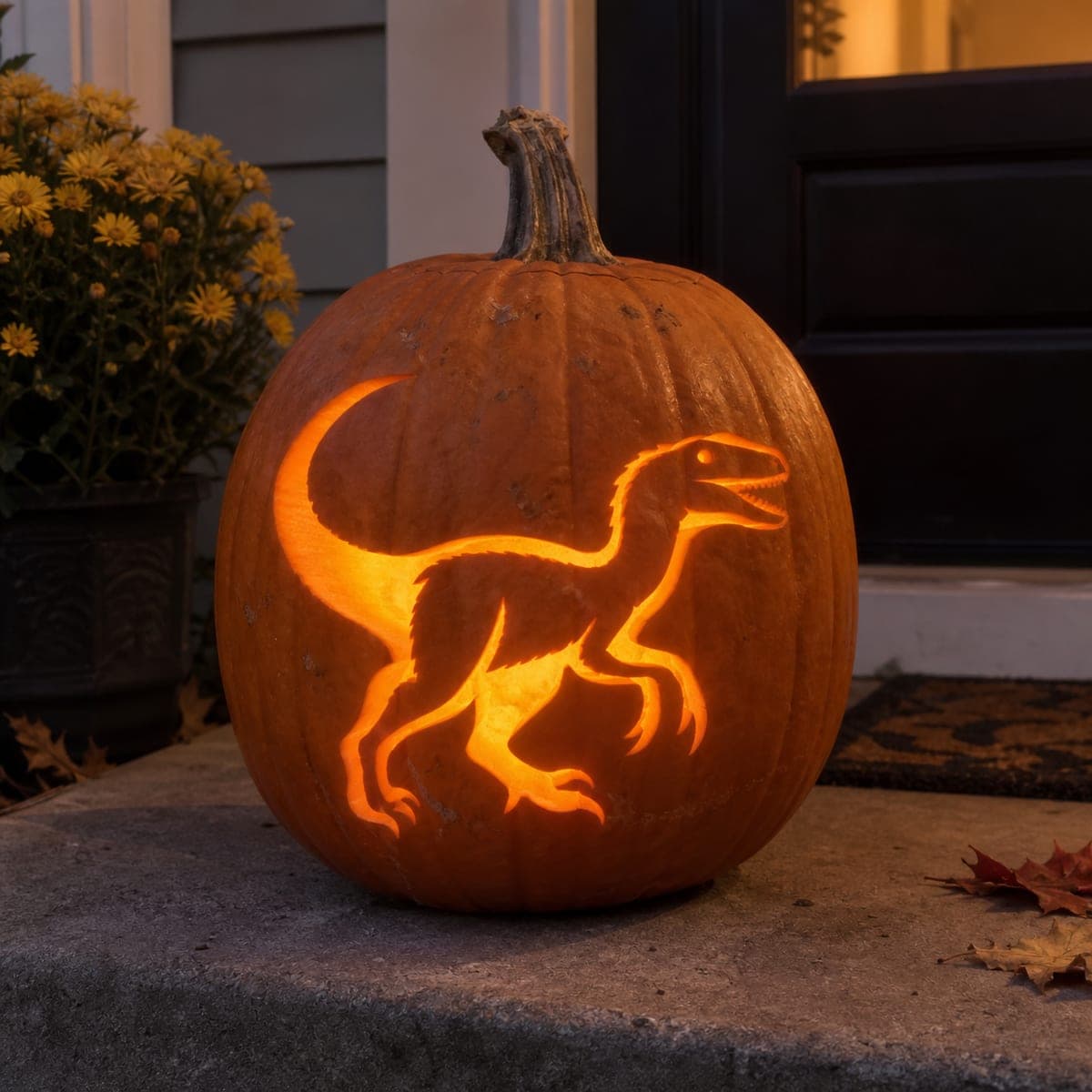 Velociraptor Silhouette Glowing Pumpkin