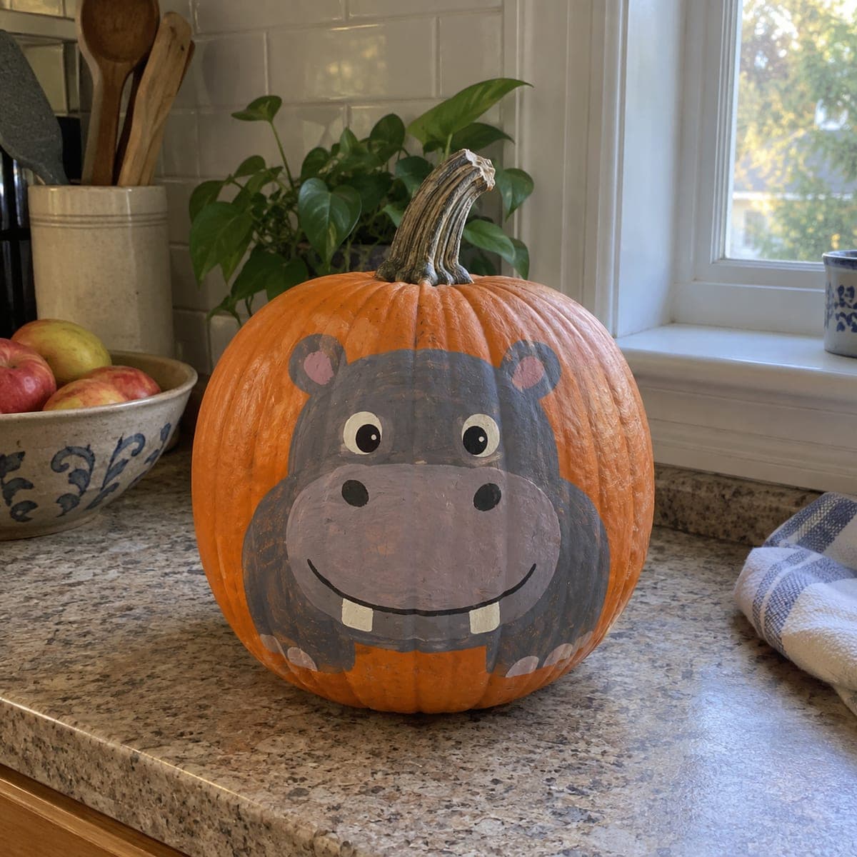 Cute Hippo Face No-Carve Painted Pumpkin