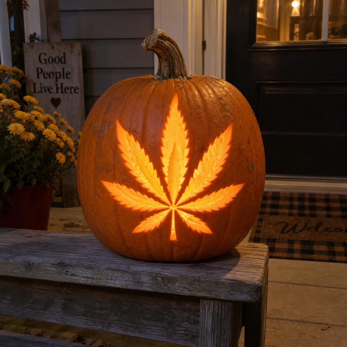 Cannabis Leaf Silhouette Glowing Pumpkin