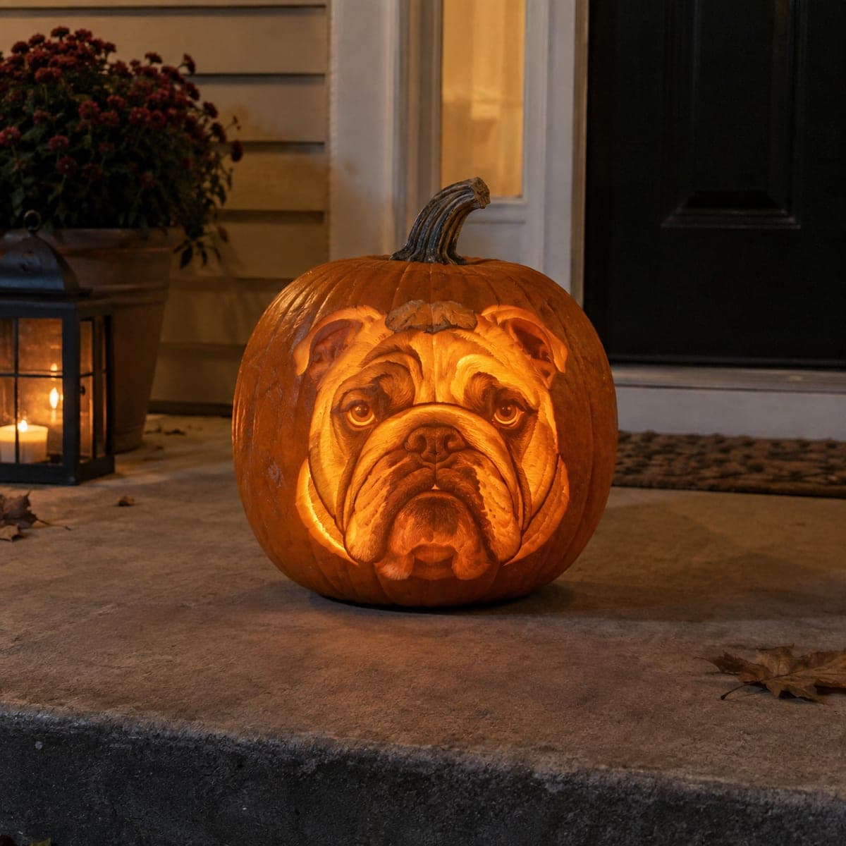Bulldog Portrait Shaded Pumpkin at Night