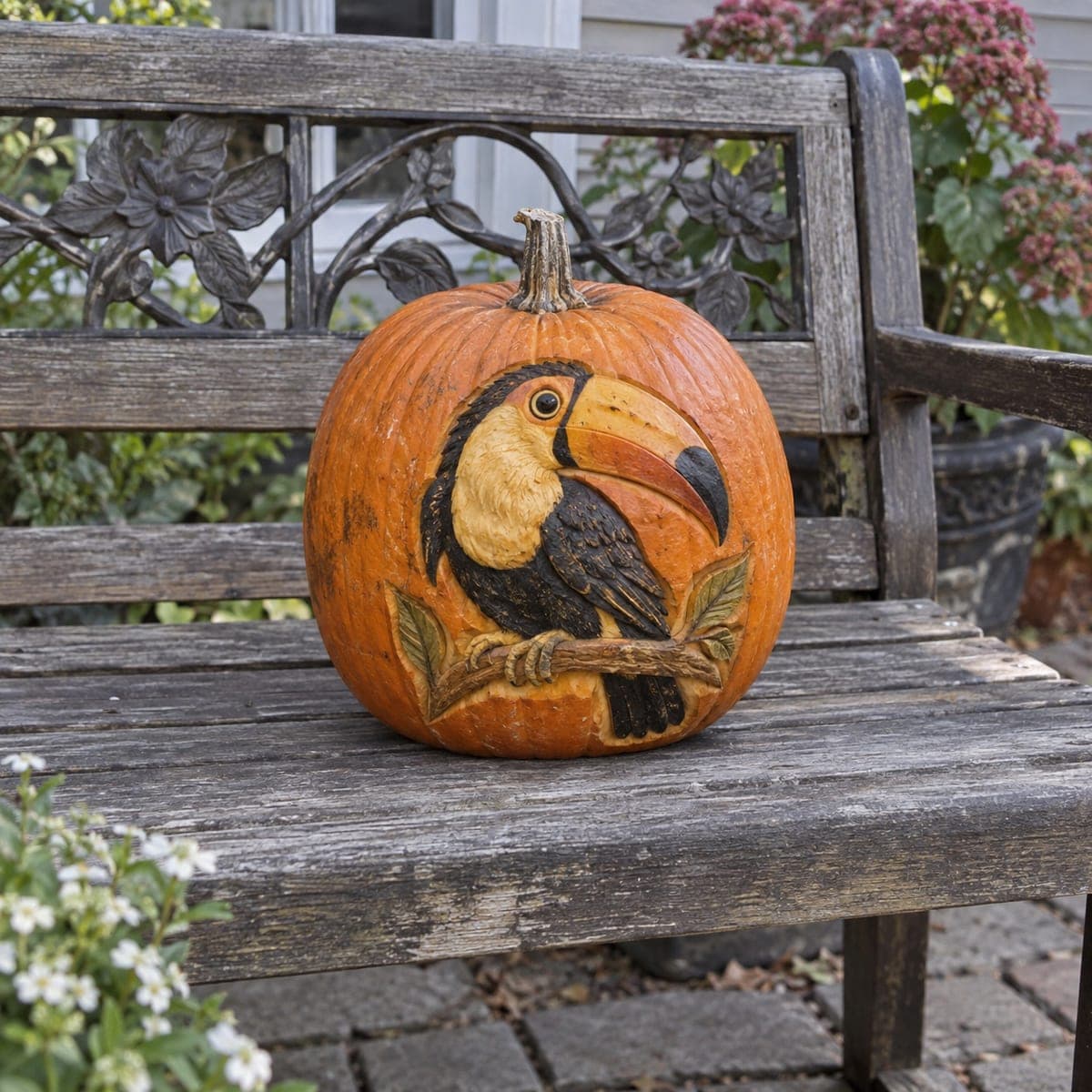 Colorful Toucan Relief Painted No-Carve Pumpkin