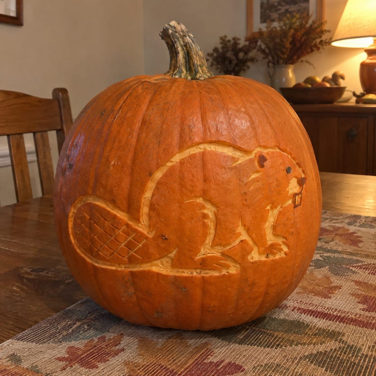 Beaver Silhouette Relief Carved Pumpkin
