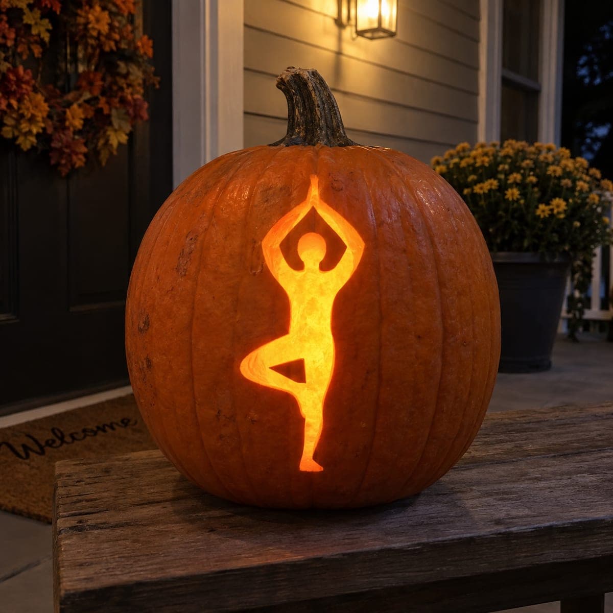 Yoga Tree Pose Silhouette Glowing Pumpkin