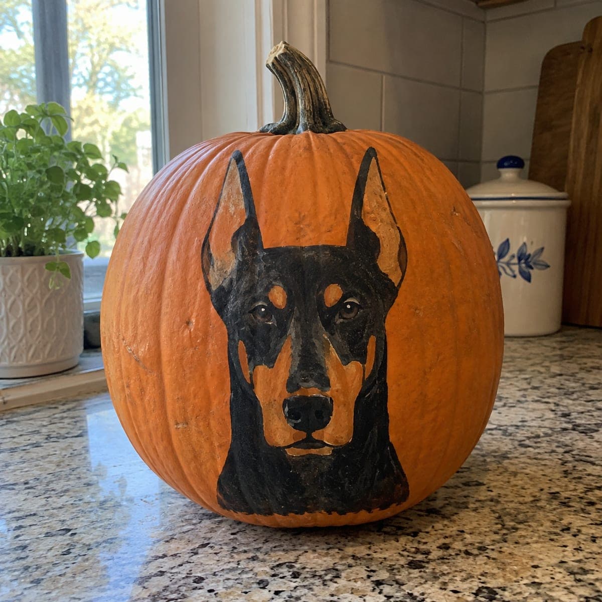 Doberman Face Painted No-Carve Pumpkin