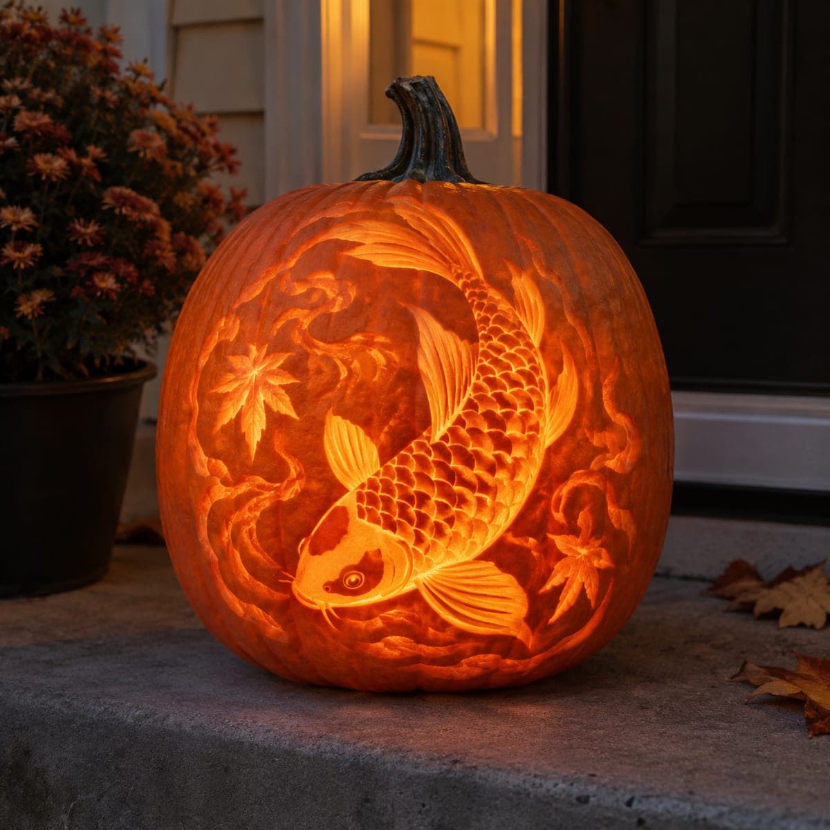 Koi Fish and Maple Leaf Shaded Pumpkin