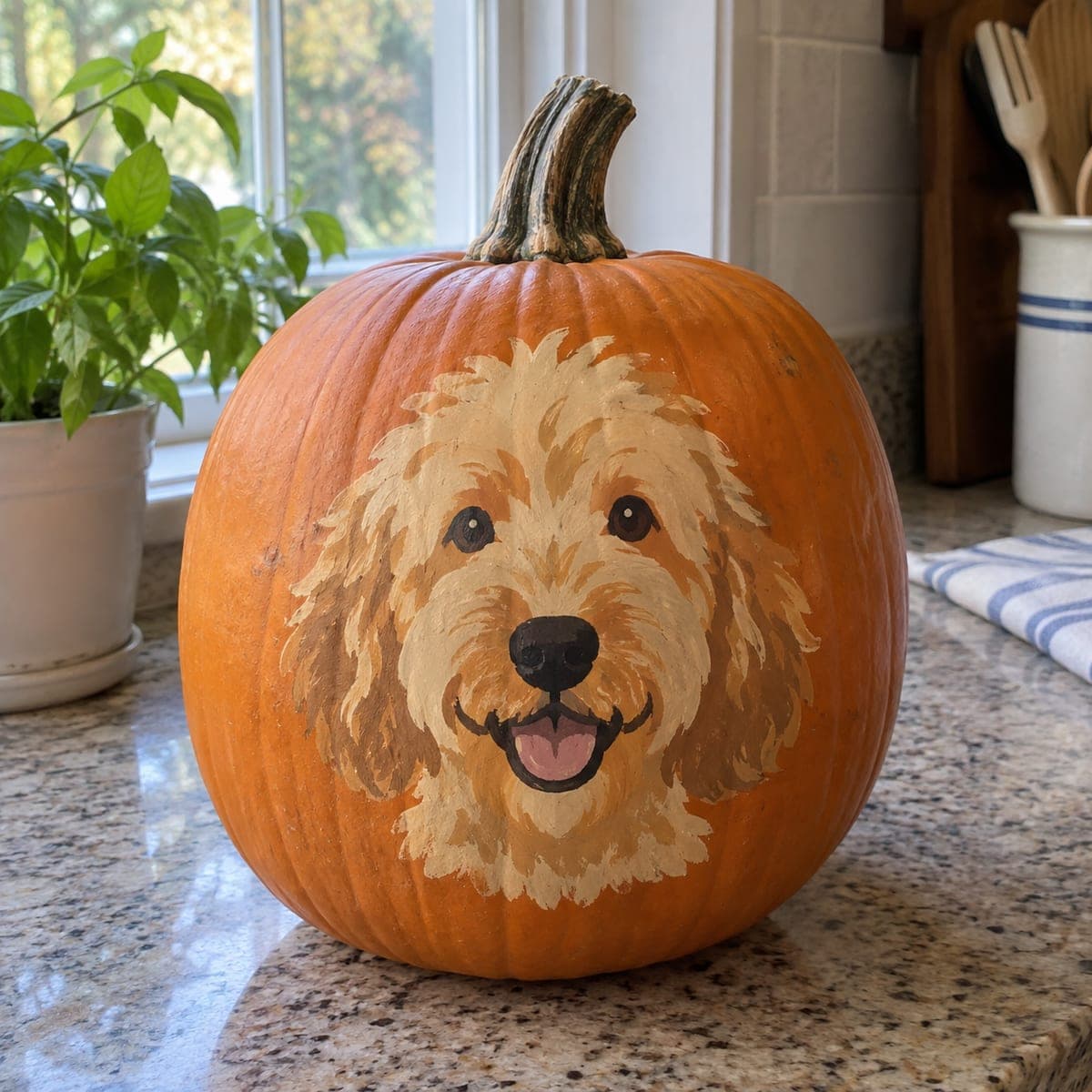 Golden Doodle Face Painted No-Carve Pumpkin