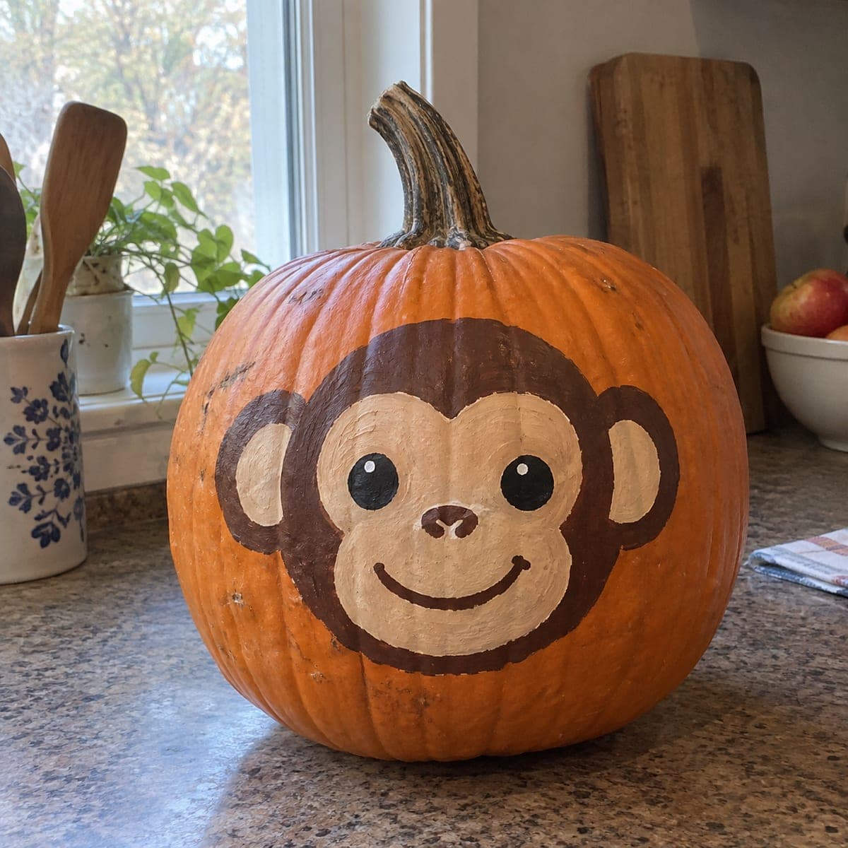 Cartoon Monkey Face Painted No-Carve Pumpkin